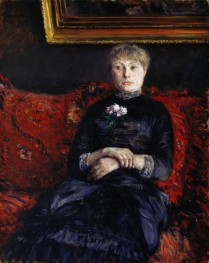 Woman Seated on a Red Floral Sofa, 1880 by Caillebotte | Canvas Print