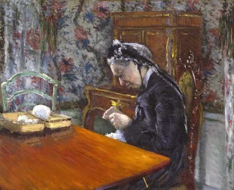 Mademoiselle Boissière beim Stricken, 1877 | Caillebotte | Giclée Leinwand-Kunstdruck