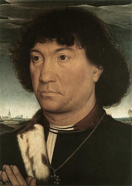 Porträt eines Mannes beim Gebet vor einer Landschaft, c.1485/90 | Hans Memling