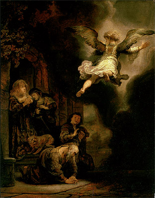 The Archangel Leaving the Family of Tobias, 1637 | Rembrandt | Giclée Leinwand Kunstdruck