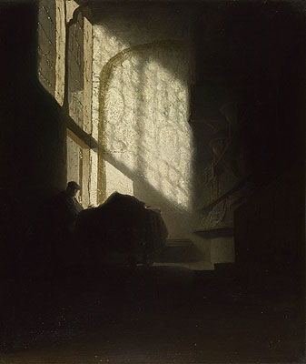 A Man Seated Reading at a Table in a Lofty Room, c.1628/30 | Rembrandt | Giclée Leinwand Kunstdruck