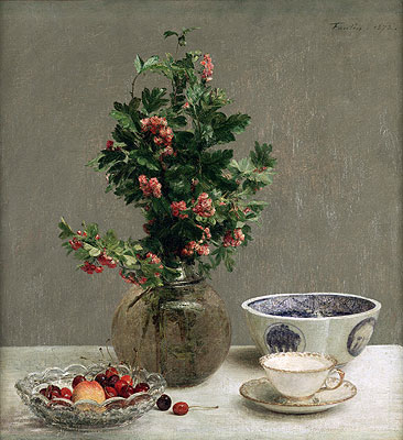 Fantin-Latour | Still Life with Vase of Hawthorn, Bowl of Cherries, Japanese Bowl, Cup and Saucer, 1872 | Giclée Canvas Print