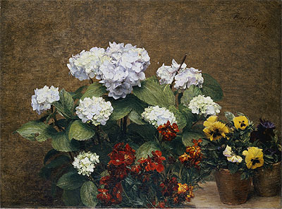 Hortensias and Stocks with Two Pots of Pansies, 1879 | Fantin-Latour | Giclée Canvas Print