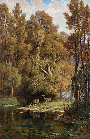 Hermann David Salomon Corrodi | Scene in the Forest with Deers, undated | Giclée Leinwand Kunstdruck