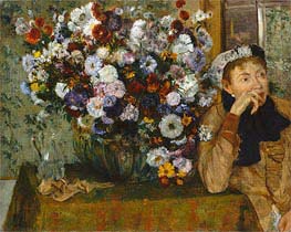 Degas | A Woman Seated beside a Vase of Flowers (Madame Paul Valpincon), 1865 | Giclée Canvas Print
