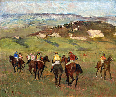 Jockeys zu Pferd vor fernen Hügeln, 1884 | Edgar Degas