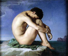 Naked jungen Mann sitzen am Meer, 1836 von Hippolyte Flandrin | Leinwand Kunstdruck