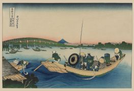 Sonnenuntergang über der Ryogoku-Brücke über dem Sumida-Fluss bei Onmayagashi, n.d | Hokusai