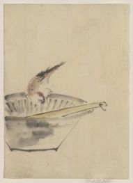 Ein Vogel, der am Rand einer Schale sitzt,..., n.d | Hokusai