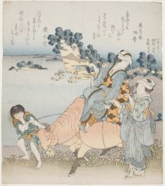 Frau, die einen Ochsen reitet, 1829 | Hokusai