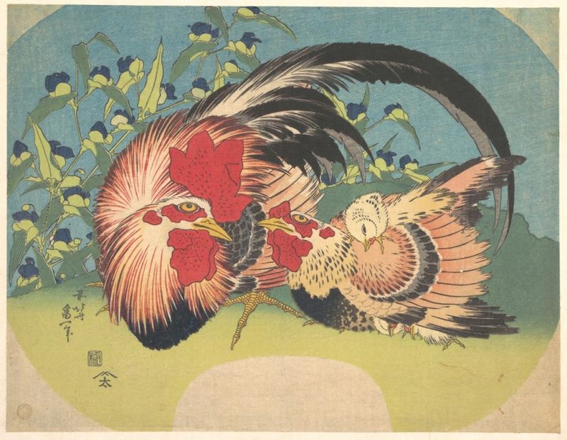 Hahn, Henne und Küken mit Dreimasterblume, 1830 | Hokusai | Giclée Papier-Kunstdruck