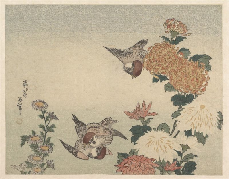 Spatzen und Chrysanthemen, 1815 | Hokusai | Giclée Papier-Kunstdruck