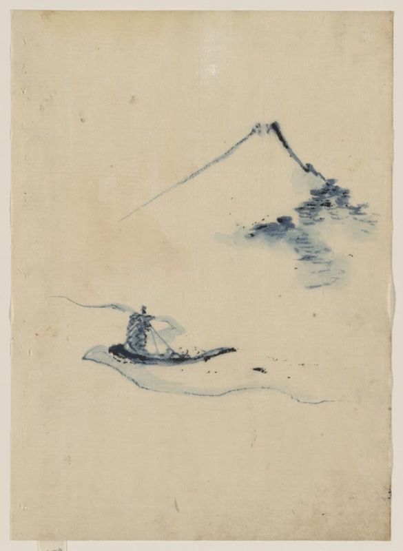 Eine Person in einem kleinen Boot auf einem Fluss mit dem Berg Fuji im Hintergrund, n.d | Hokusai | Giclée Papier-Kunstdruck