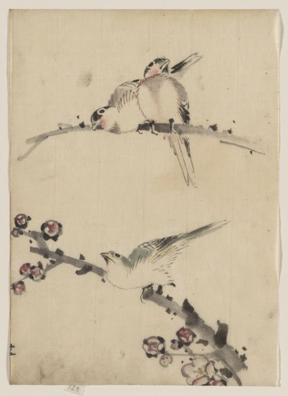 Drei Vögel auf Ästen, einer mit Blüten, n.d | Hokusai | Giclée Papier-Kunstdruck