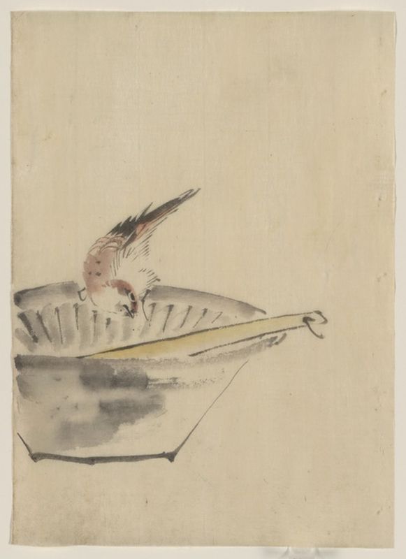 Ein Vogel, der am Rand einer Schale sitzt,..., n.d | Hokusai | Giclée Papier-Kunstdruck