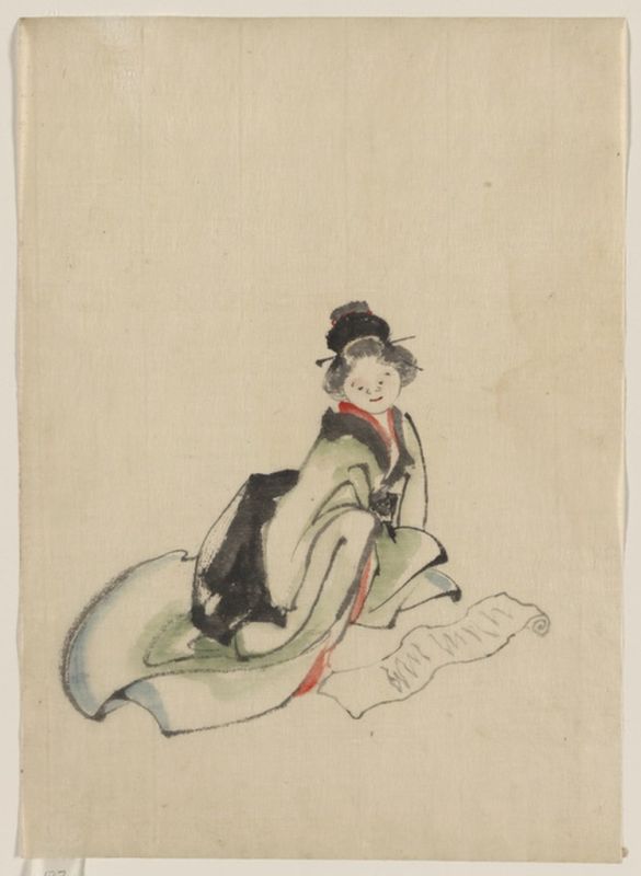 Eine Frau sitzt, nach vorne gewandt, und liest eine vor ihr ausgebreitete Schriftrolle, n.d | Hokusai | Giclée Papier-Kunstdruck
