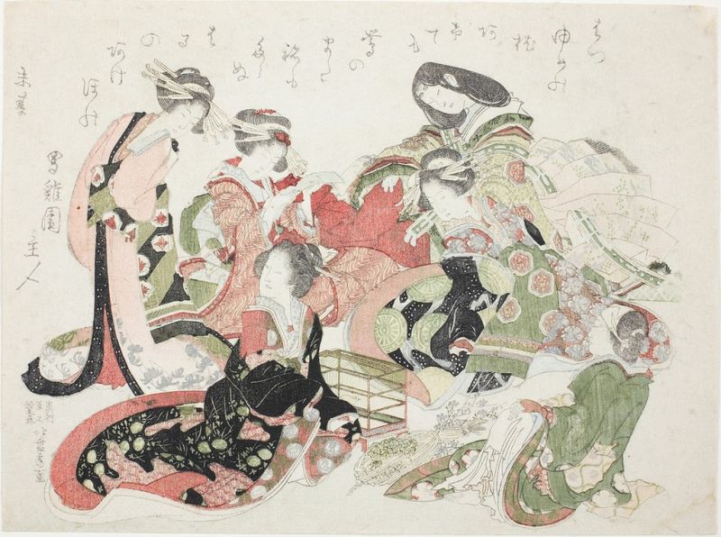 Sechs Frauen sitzen um einen Vogelkäfig herum, 1823 | Hokusai | Giclée Papier-Kunstdruck