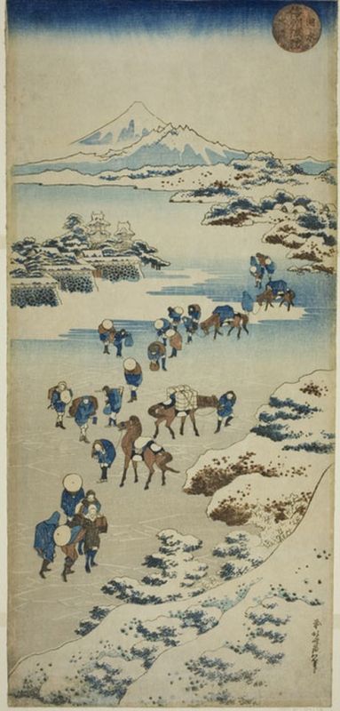 Überquerung des zugefrorenen Suwa-Sees in der Provinz Shinano, 1833 | Hokusai | Giclée Papier-Kunstdruck