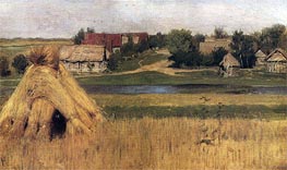 Isaac Levitan | Stacks and Village behind the River | Giclée Canvas Print