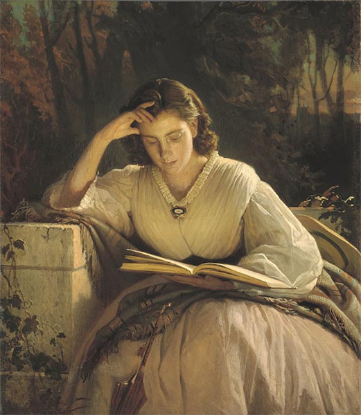 Lesen. Porträt von Sofia Nikolajewna Kramskaja, der Frau des Künstlers, c.1866 | Ivan Kramskoy