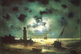 Seacoast at Night. At a Beacon | Aivazovsky | Painting Reproduction