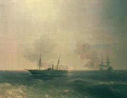 Bekämpfe den Dampfer Vesta mit dem türkischen Schlachtschiff 'Fehmi-Bulent' am 11. Juli 1877 im Schwarzen Meer | Aivazovsky | Gemälde Reproduktion