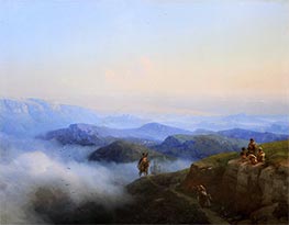 Blick vom Karanay-Gebirge auf Temir-Khan-Shura und das Kaspische Meer, 1869 von Aivazovsky | Leinwand Kunstdruck