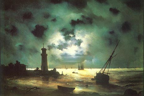 Die Küste bei Nacht. Am Leuchtturm, 1837 | Aivazovsky | Giclée Leinwand Kunstdruck