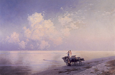 An Ox-drawn Cart by a Tranquil Sea and a Swimmer Beyond, 1886 | Aivazovsky | Giclée Leinwand Kunstdruck