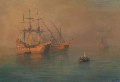 The Arrival of Columbus' Flotilla, 1880 | Aivazovsky | Giclée Leinwand Kunstdruck