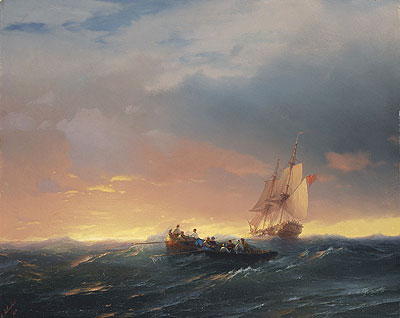 Vessels in a Swell at Sunset , 1850 | Aivazovsky | Giclée Leinwand Kunstdruck