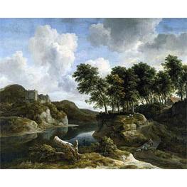 River Landscape with a Castle on a High Cliff - Ruisdael