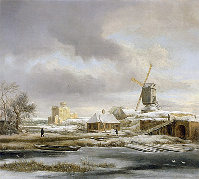 Eine Winterlandschaft mit gefrorenem Kanal und Windmühle, n.d. | Ruisdael
