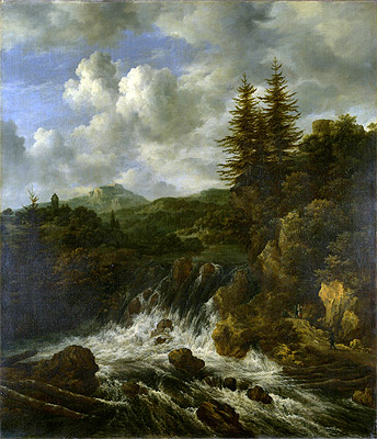 A Landscape with a Waterfall and a Castle on a Hill, c.1660/70 | Ruisdael | Giclée Leinwand Kunstdruck