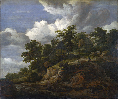 A Rocky Hill with Three Cottages a Stream at its Foot, c.1650/60 | Ruisdael | Giclée Leinwand Kunstdruck