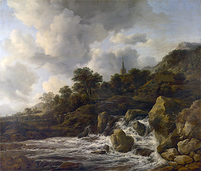 Ein Wasserfall am Fuße eines Hügels nahe einem Dorf, c.1665/75 | Ruisdael