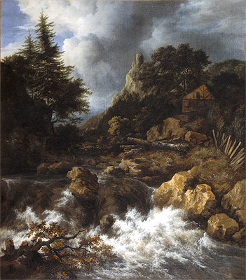 Wasserfall mit Fachwerkhaus und Schloss, c.1665/70 | Ruisdael