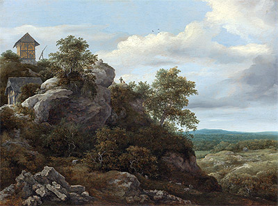 Landschaft mit Häusern auf einem felsigen Hügel, n.d. | Ruisdael