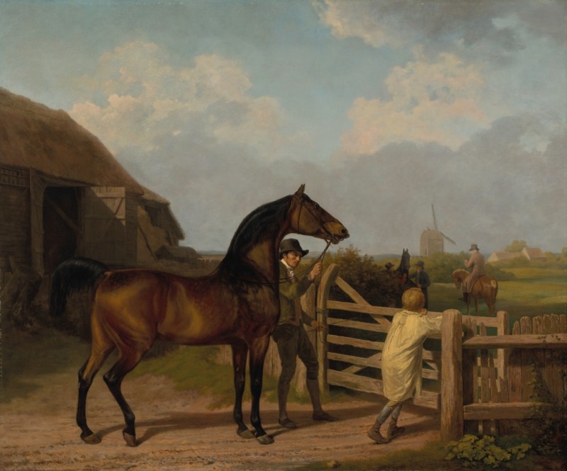 Bay Ascham, ein Hengst, der durch ein Tor zu einer Stute geführt wird, 1804 | Jacques-Laurent Agasse | Giclée Leinwand-Kunstdruck