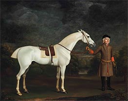 Ein gesatteltes graues Vollblutrennpferd wird von einem Pferdepfleger gehalten, undated von James Seymour | Kunstdruck