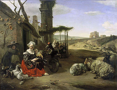 Italienische Landschaft mit Gasthaus und antiken Ruinen, 1658 | Jan Baptist Weenix