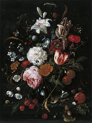 Flowers in a glass Vase with Fruit, c.1665 | Jan Davidsz de Heem | Giclée Canvas Print