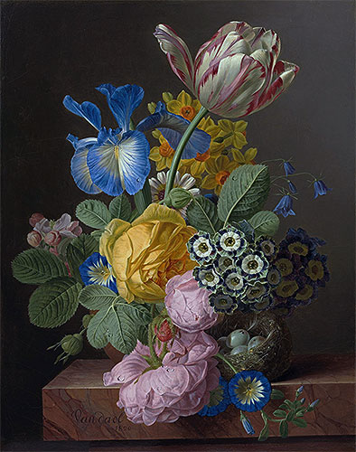 A Vase of Flowers with a Bird's Nest on a Marble Ledge, 1820 | Jan Frans van Dael | Giclée Canvas Print