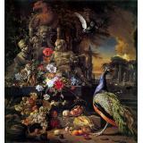 Flowers on a Fountain with a Peacock, c.1700/10 - Jan Weenix