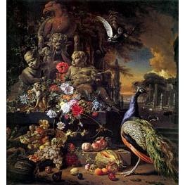 Blumen auf einem Brunnen mit einem Pfau - Jan Weenix