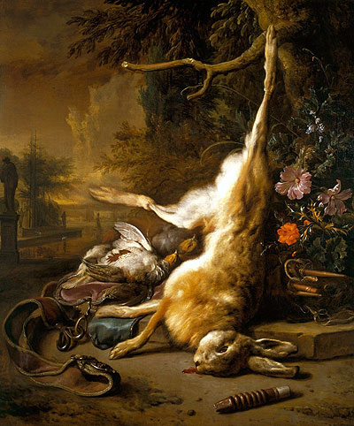 Dead Hare with Partridges with Instruments of the Chase, 1704 | Jan Weenix | Giclée Leinwand Kunstdruck