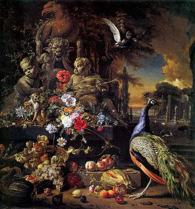 Blumen auf einem Brunnen mit einem Pfau, c.1700/10 | Jan Weenix