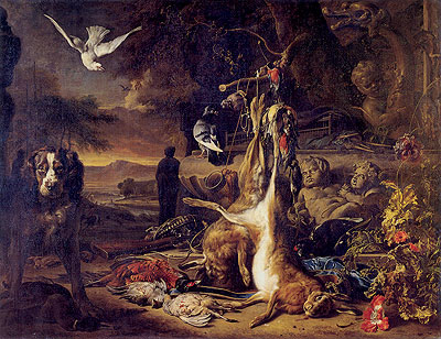 Hasen und Fasan an einem Brunnen mit einem Hund, 1699 | Jan Weenix