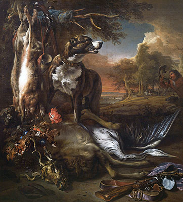 Jan Weenix | A Deerhound with Dead Game and Implements of the Chase, 1708 | Giclée Leinwand Kunstdruck