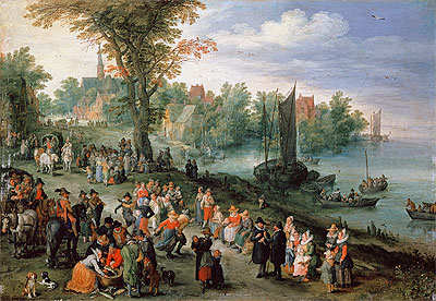 Wooded River Landscape with Peasants and Travellers, n.d. | Jan Bruegel the Elder | Giclée Leinwand Kunstdruck